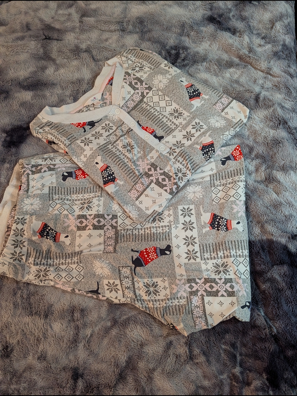 Womens Holiday Pajamas - Gray & Red With Cute Dogs